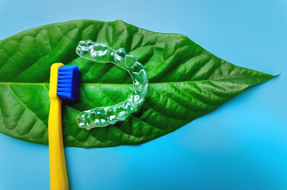 toothbrush and clean invisalign on a leaf